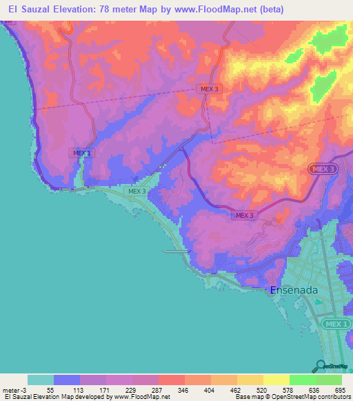 El Sauzal,Mexico Elevation Map