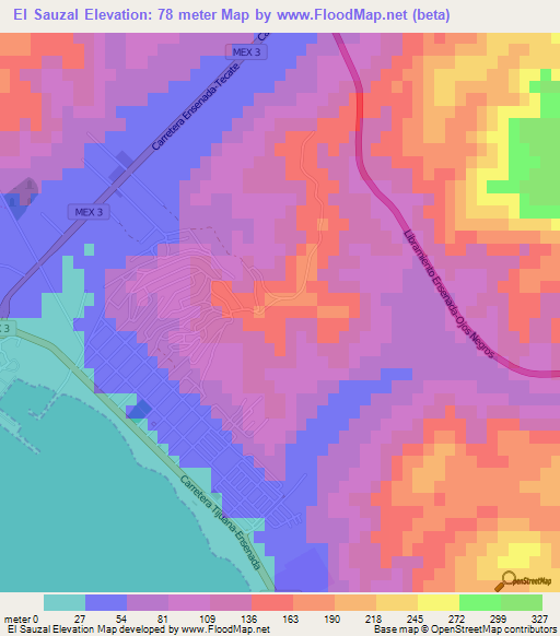El Sauzal,Mexico Elevation Map