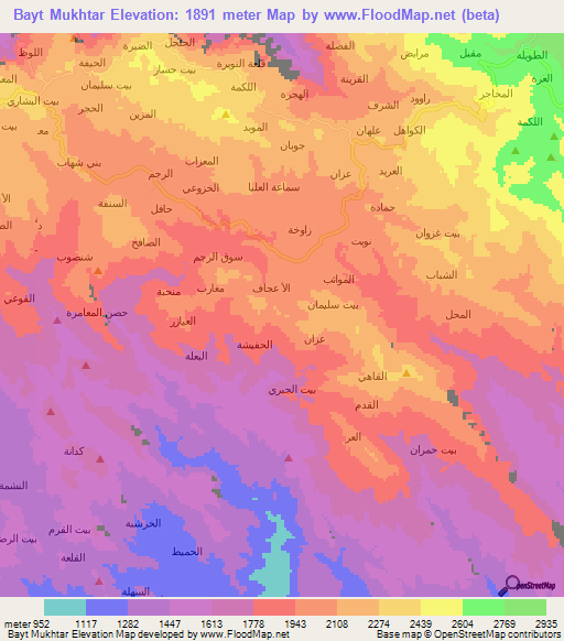 Bayt Mukhtar,Yemen Elevation Map
