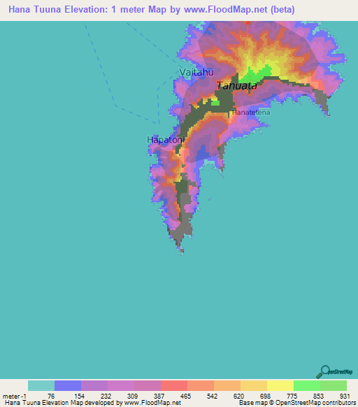 Hana Tuuna,French Polynesia Elevation Map