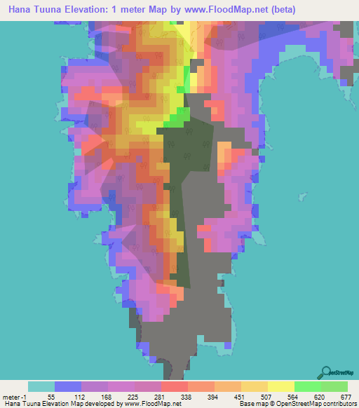 Hana Tuuna,French Polynesia Elevation Map