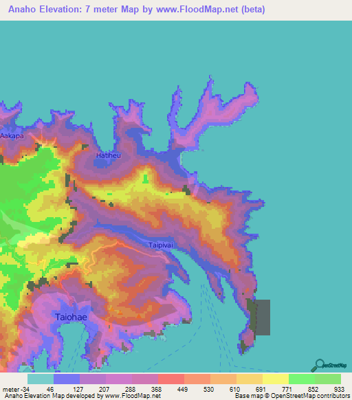 Anaho,French Polynesia Elevation Map