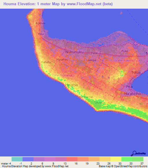 Houma,Tonga Elevation Map
