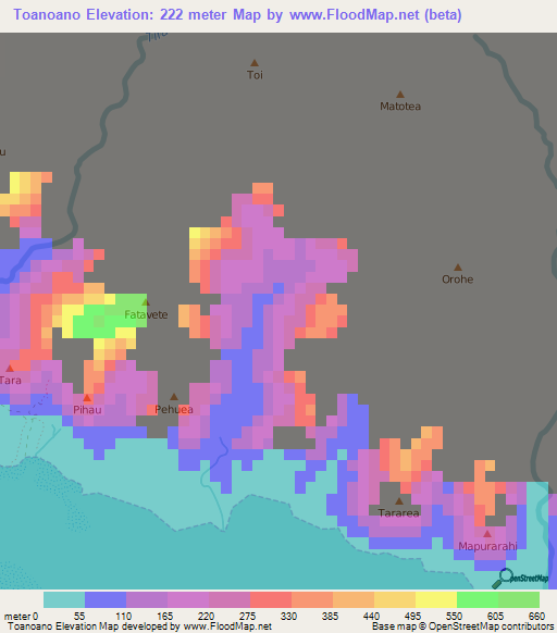 Toanoano,French Polynesia Elevation Map