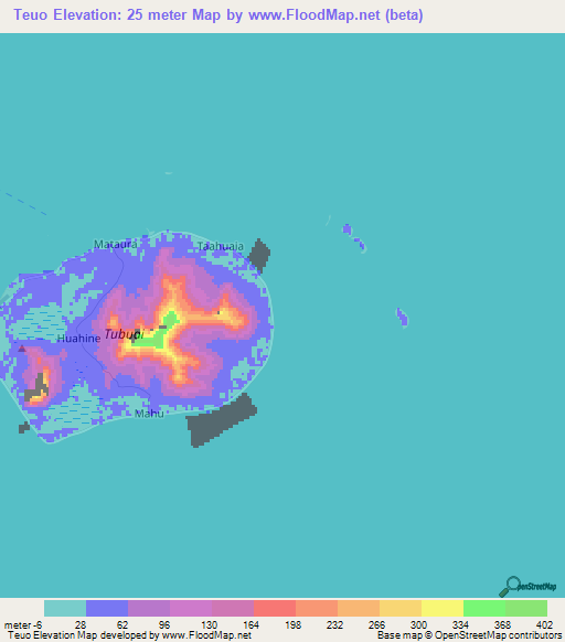 Teuo,French Polynesia Elevation Map