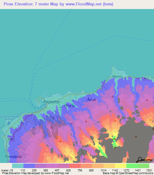 Pirae,French Polynesia Elevation Map