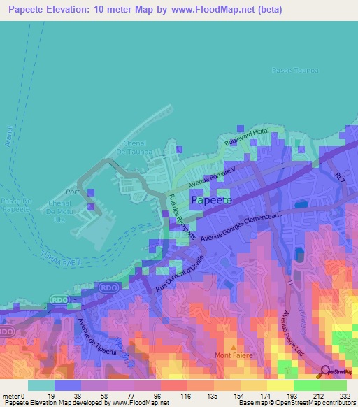 Papeete,French Polynesia Elevation Map