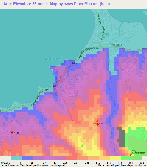 Arue,French Polynesia Elevation Map