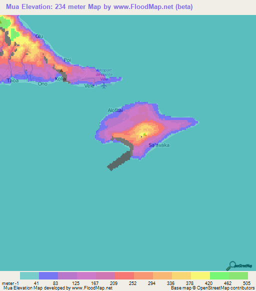 Mua,Wallis and Futuna Elevation Map