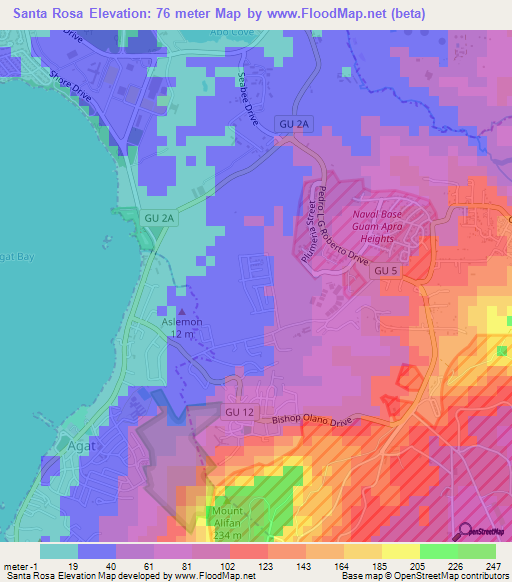 Santa Rosa,Guam Elevation Map