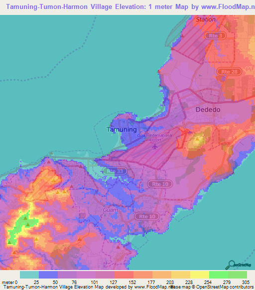 Tamuning-Tumon-Harmon Village,Guam Elevation Map