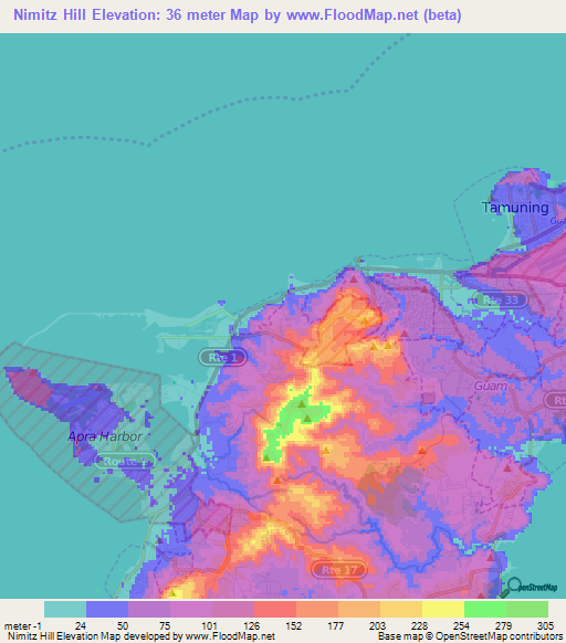Nimitz Hill,Guam Elevation Map