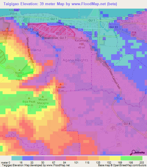 Taigigao,Guam Elevation Map