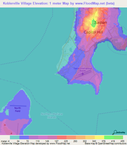 Koblerville Village,Northern Mariana Islands Elevation Map
