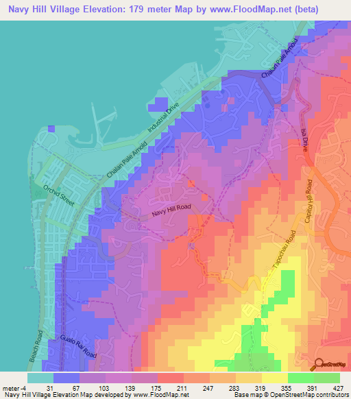 Navy Hill Village,Northern Mariana Islands Elevation Map