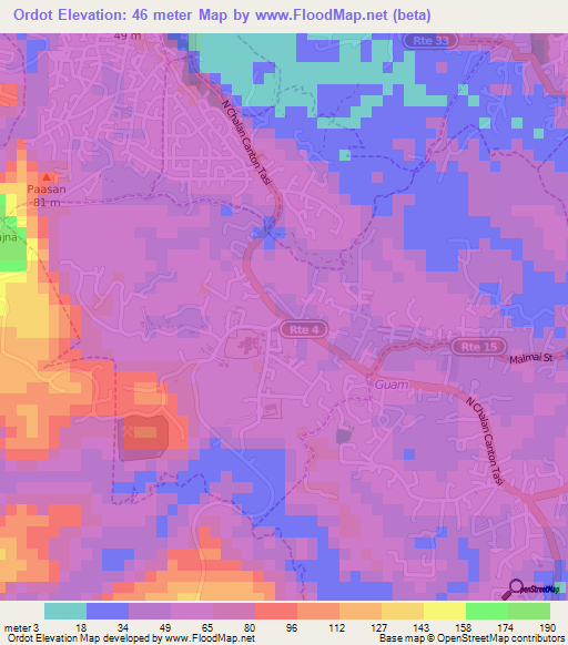 Ordot,Guam Elevation Map