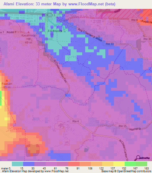 Afami,Guam Elevation Map