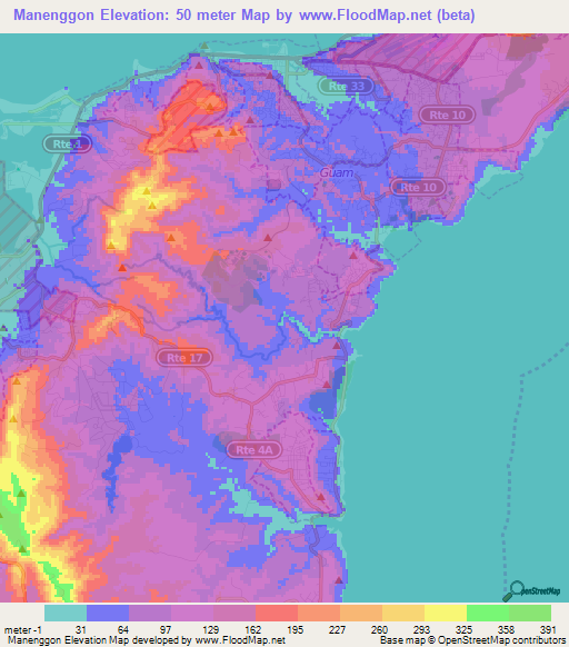 Manenggon,Guam Elevation Map