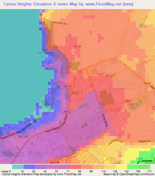 Carlos Heights,Guam Elevation Map