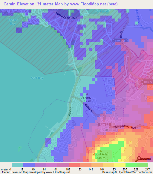 Cerain,Guam Elevation Map