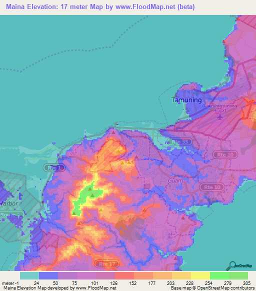Maina,Guam Elevation Map