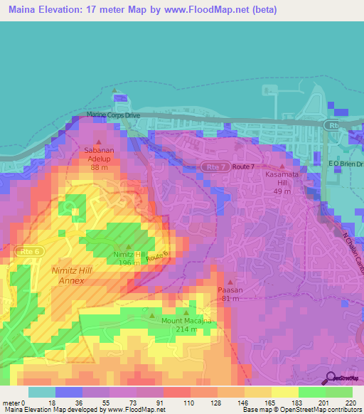 Maina,Guam Elevation Map