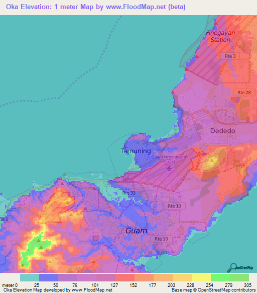 Oka,Guam Elevation Map