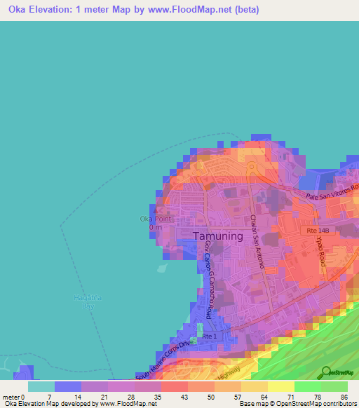 Oka,Guam Elevation Map
