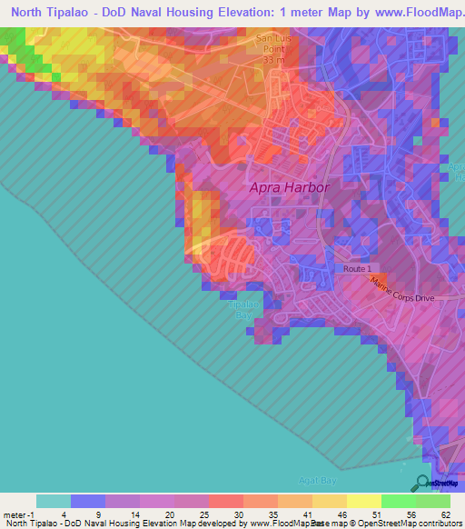 North Tipalao - DoD Naval Housing,Guam Elevation Map