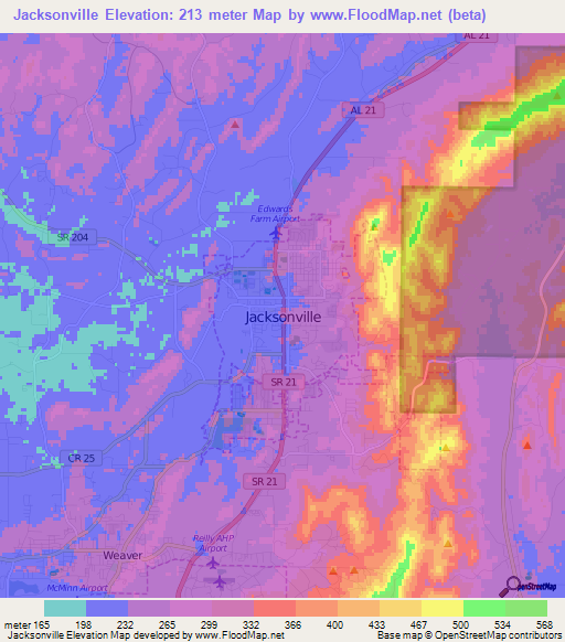 Elevation of Jacksonville,US Elevation Map, Topography, Contour