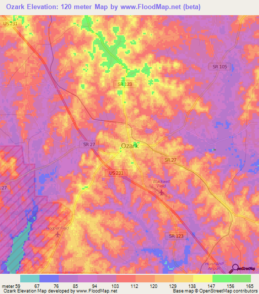 Ozark,US Elevation Map