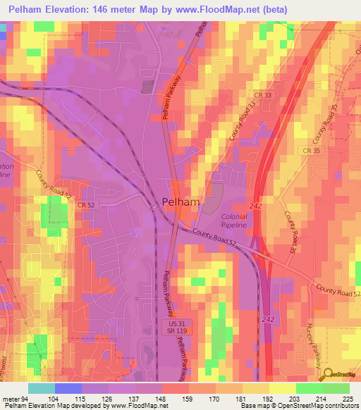 Elevation of Pelham,US Elevation Map, Topography, Contour