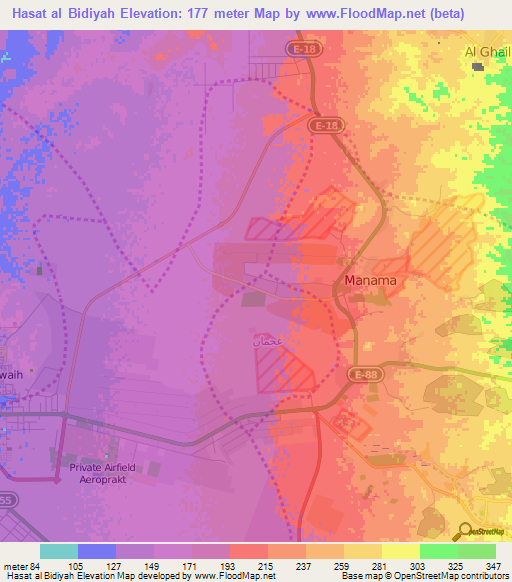 Hasat al Bidiyah,United Arab Emirates Elevation Map