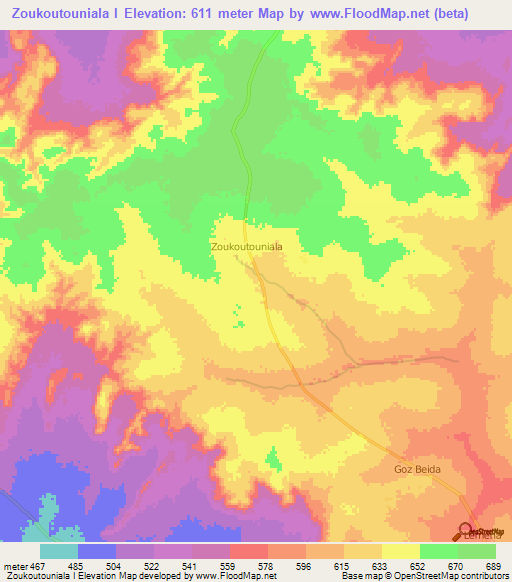 Zoukoutouniala I,Central African Republic Elevation Map