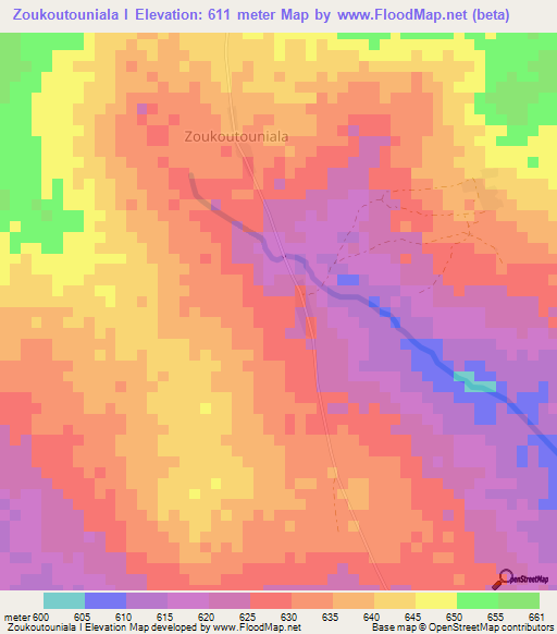 Zoukoutouniala I,Central African Republic Elevation Map