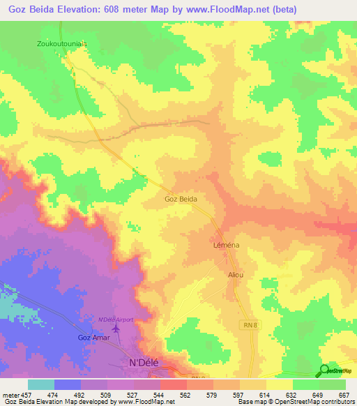 Goz Beida,Central African Republic Elevation Map