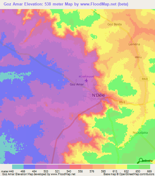 Goz Amar,Central African Republic Elevation Map