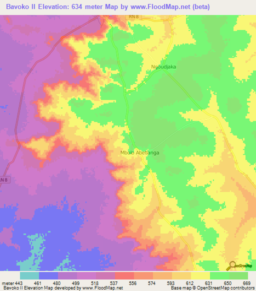 Bavoko II,Central African Republic Elevation Map