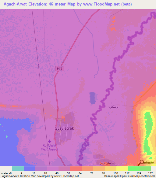 Agach-Arvat,Turkmenistan Elevation Map