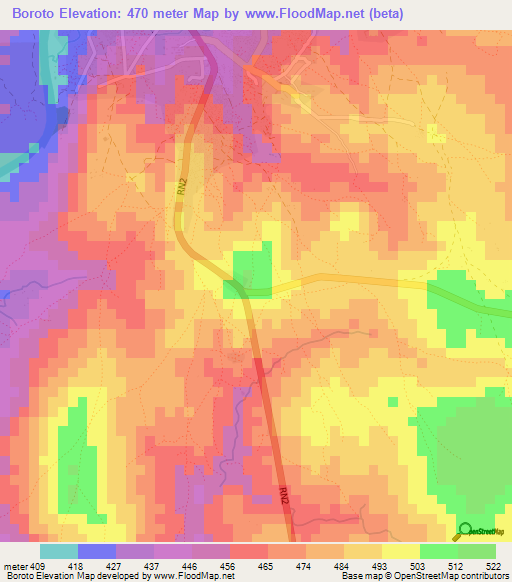 Boroto,Central African Republic Elevation Map