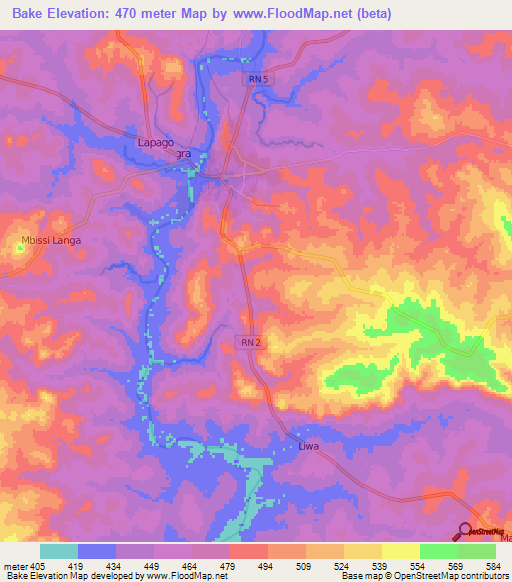 Bake,Central African Republic Elevation Map