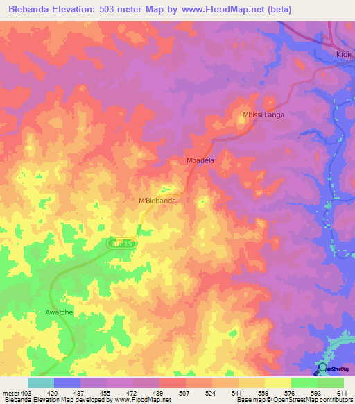 Blebanda,Central African Republic Elevation Map