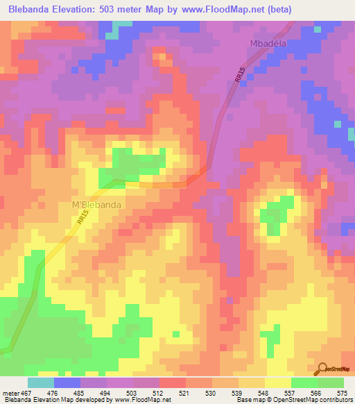 Blebanda,Central African Republic Elevation Map