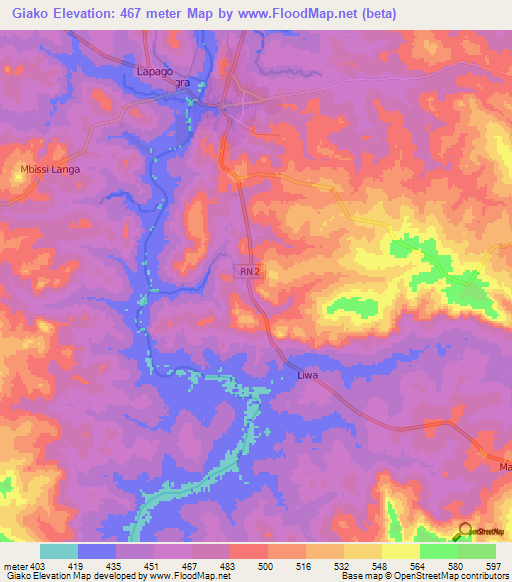 Giako,Central African Republic Elevation Map