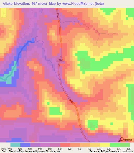 Giako,Central African Republic Elevation Map
