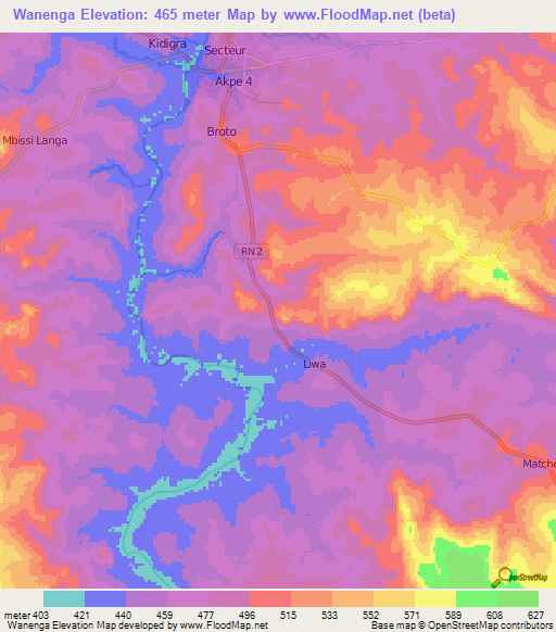 Wanenga,Central African Republic Elevation Map