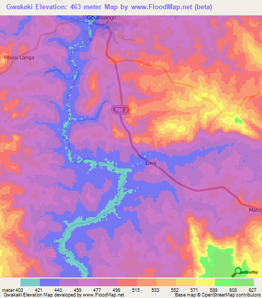 Gwakaki,Central African Republic Elevation Map