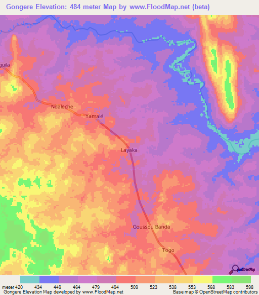 Gongere,Central African Republic Elevation Map
