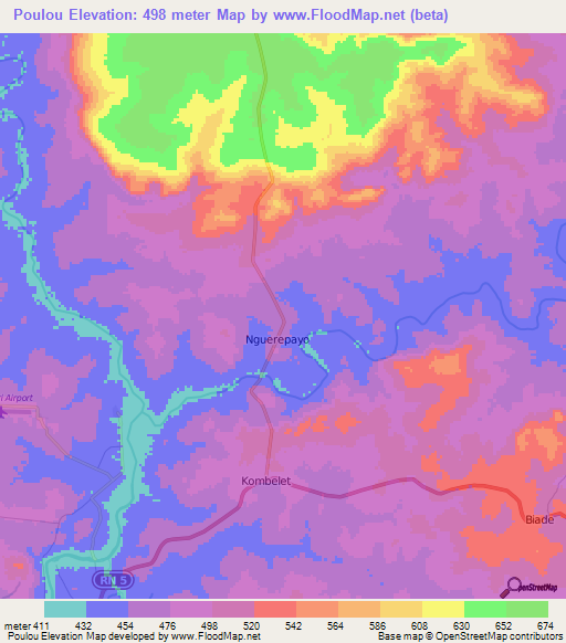 Poulou,Central African Republic Elevation Map