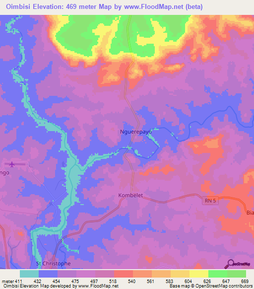 Oimbisi,Central African Republic Elevation Map